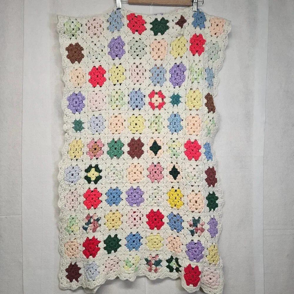 Vintage Handmade Crochet Granny Square Blanket Multi Color White Border 24x76